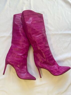 SCHUTZ Fuchsia Croc-Embossed Knee Boots
